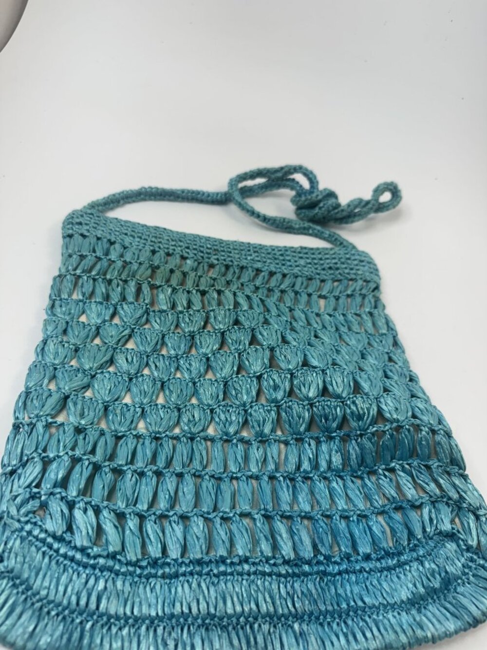 Handwoven Teal Crochet Shoulder Bag With Lined Interior & Drawstring Strap - Mad